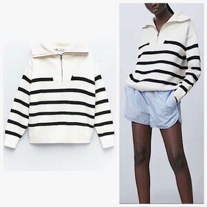 New Zara Striped Half-Zip Cotton Sweater Size M